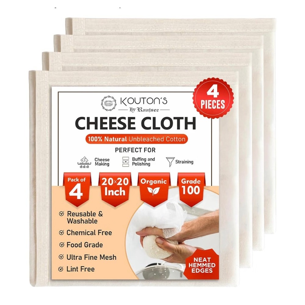 Kouton's By Raajsee Cheese Cloth 4 Pack 20x20 Grade 100 Unbleached Cotton